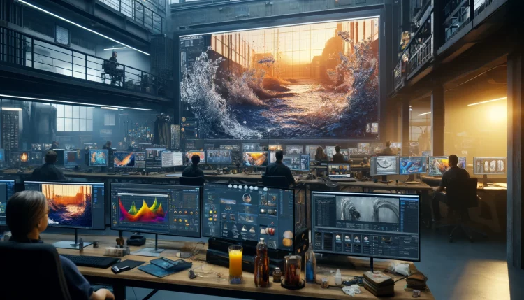 DALL·E 2024 06 04 11.09.06 An image depicting the process of creating liquid effects in VFX. The scene shows a high tech studio with artists and technicians working at advanced e1717481238917