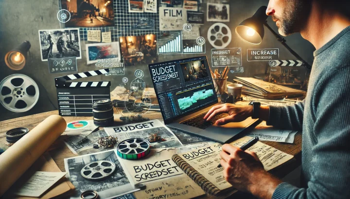 Filmmaker planning a budget with a laptop and notes 