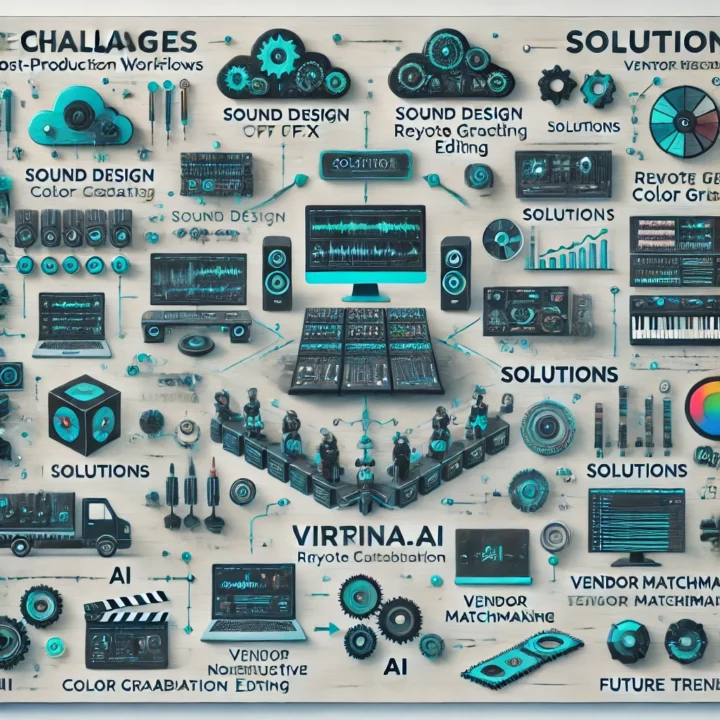 DALL·E 2024 12 11 18.58.39 An infographic for post production workflows in the entertainment industry. The design is clean and modern divided into sections for stages Editing e1733980402355