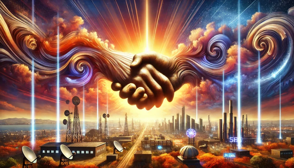 DALL·E 2025 03 15 17.09.35 A digital painting of a production deal landscape concept representing a symbolic business agreement between two parties. In the center two large