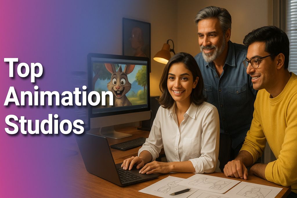 Illustration of leading animation studios and creative teams in Mexico working on 2D, 3D, and VFX projects.