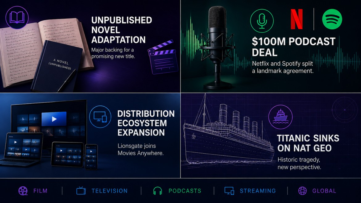 Julia Roberts backs an unpublished novel, Netflix and Spotify split a $100M podcast, Lionsgate joins Movies Anywhere, the Titanic sinks on Nat Geo, and more! 1 unscripted