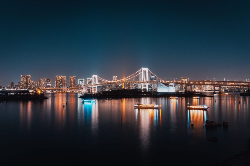 Japanese Film Distribution & Licensing — How to Acquire Japanese Content (2026) 4 Tokyo skyline and Rainbow Bridge illuminated at night with city lights reflecting on the water